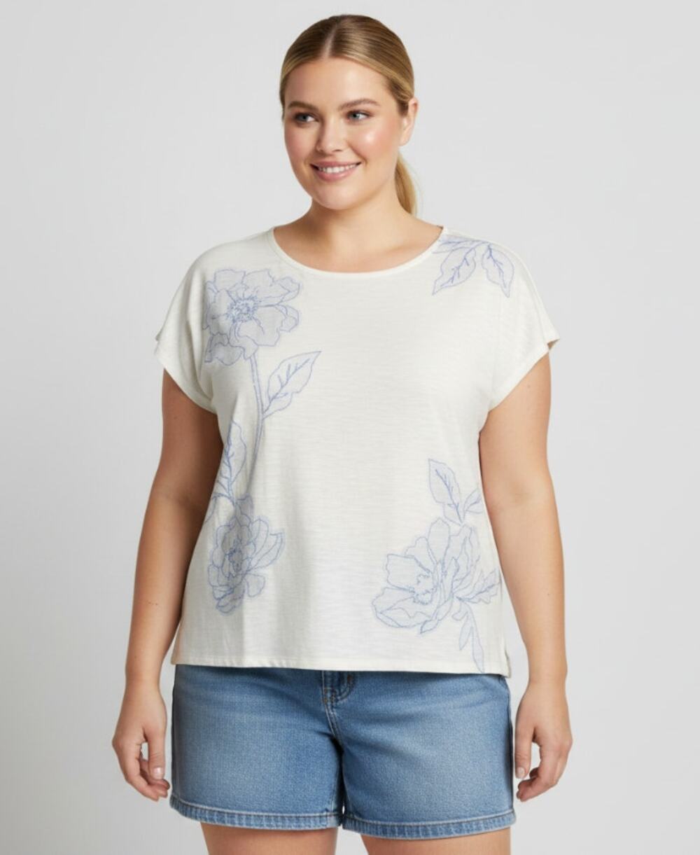 J. JILL TOP WOMENS PLUS 2XLARGE COTTON BLEND FLORAL PRINT TEE SHIRT WHITE BLUE